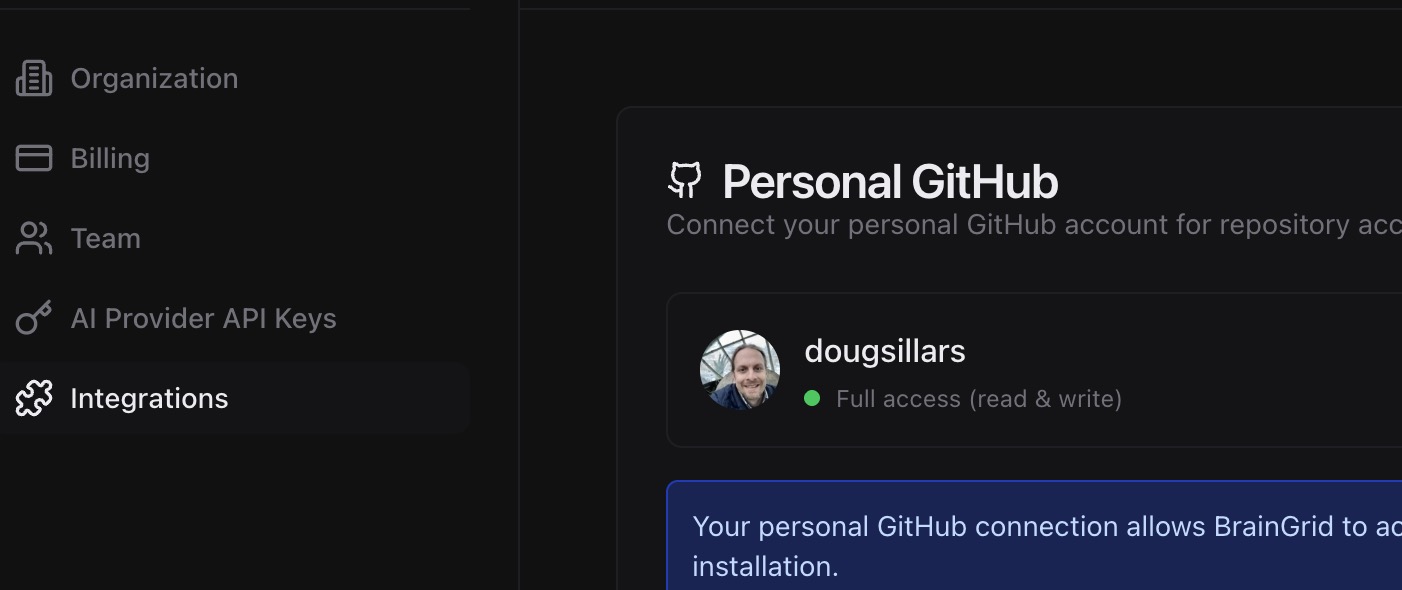 BrainGrid integrations panel showing GitHub connection option