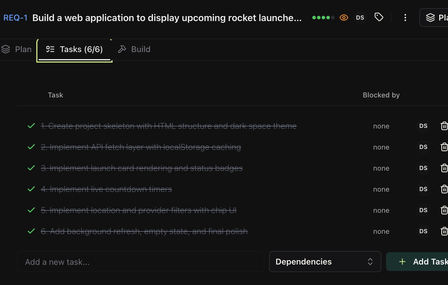 BrainGrid task list showing 6 completed tasks for REQ-1