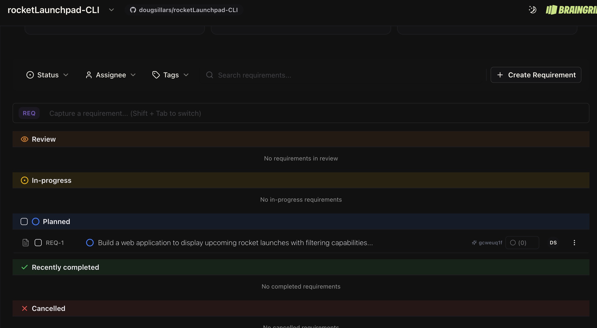 BrainGrid dashboard showing the full requirement document for REQ-1