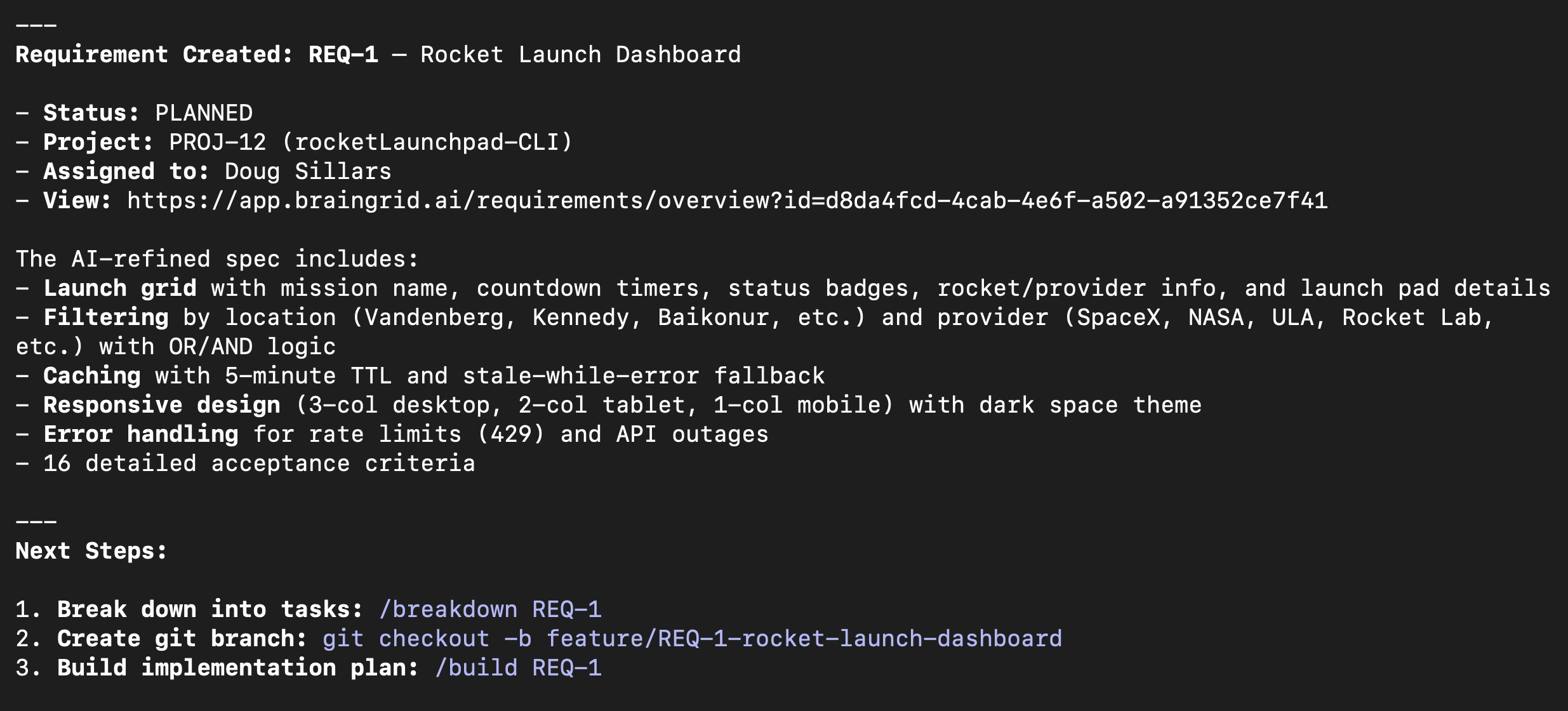BrainGrid generated requirement with structured sections