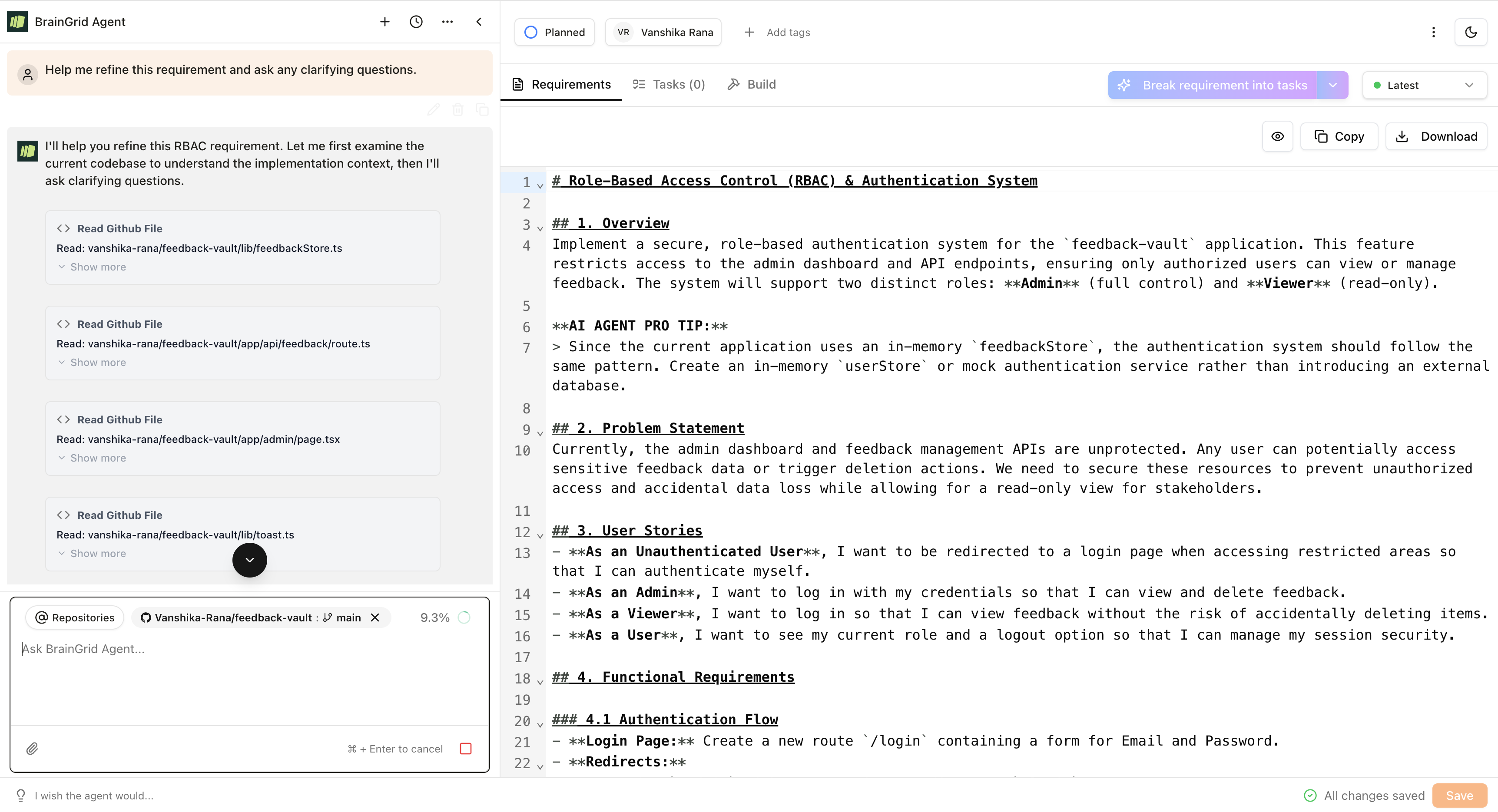 BrainGrid MCP requirements agent creating structured specs
