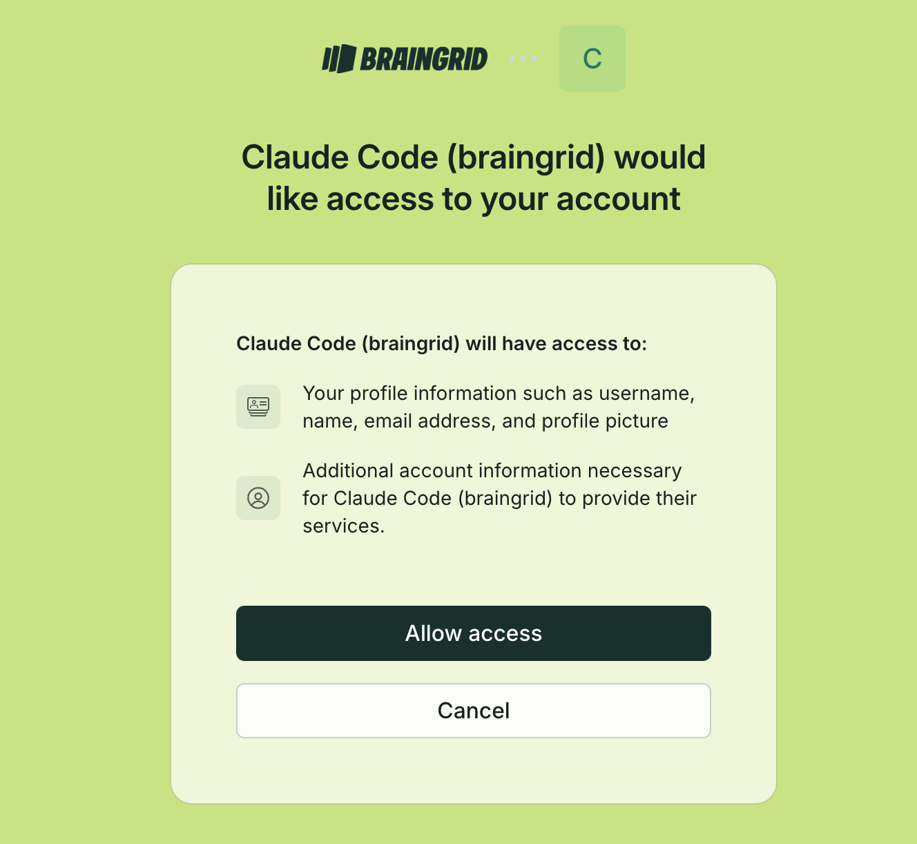 Claude Code MCP authentication flow connecting BrainGrid for spec-driven development