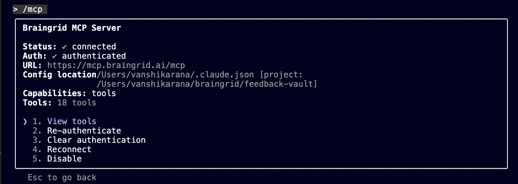 Claude Code MCP server list showing BrainGrid connected successfully