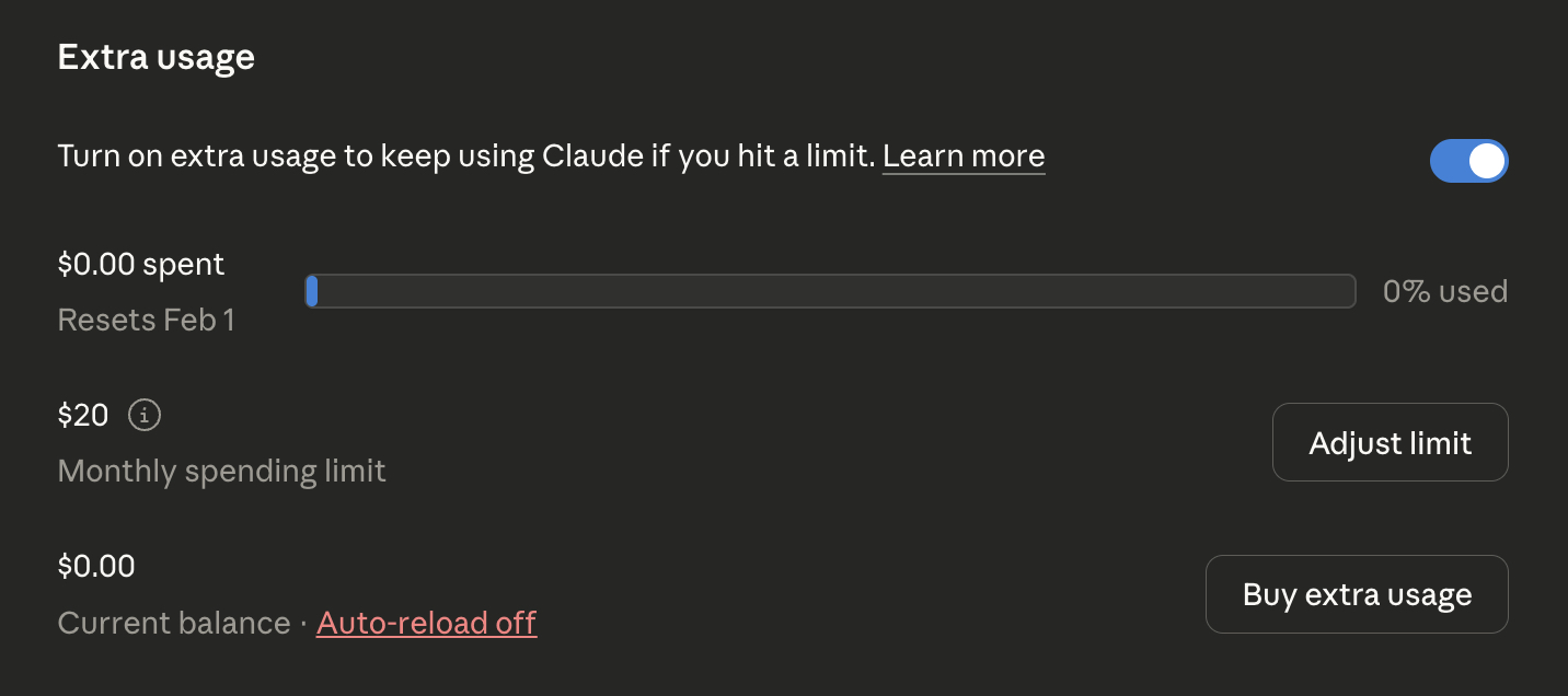 Turning on extra usage with Claude Code