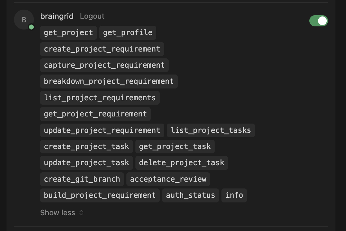 Cursor settings panel showing BrainGrid MCP permissions and available tools