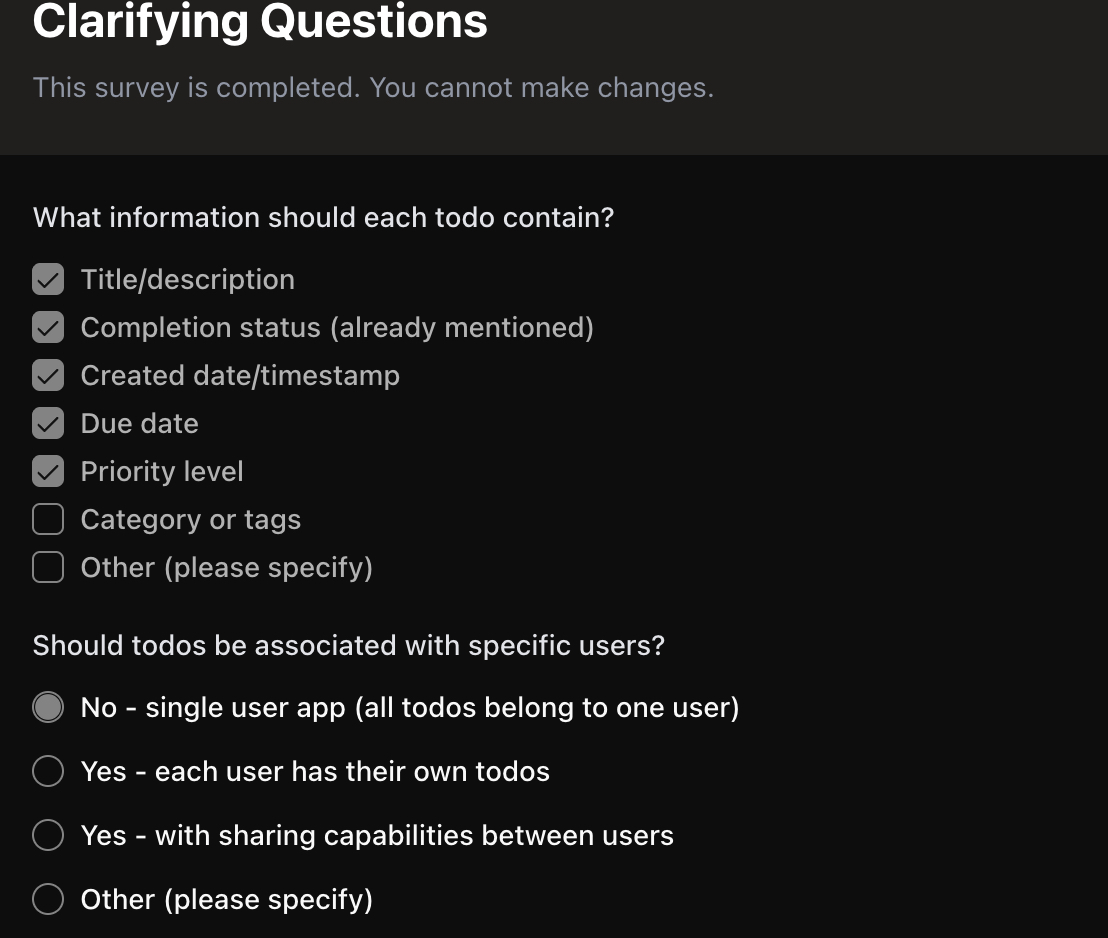 BrainGrid clarification questions suggesting additional data fields for the ToDo app