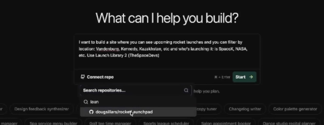 BrainGrid project kickoff with rocket launch tracker prompt