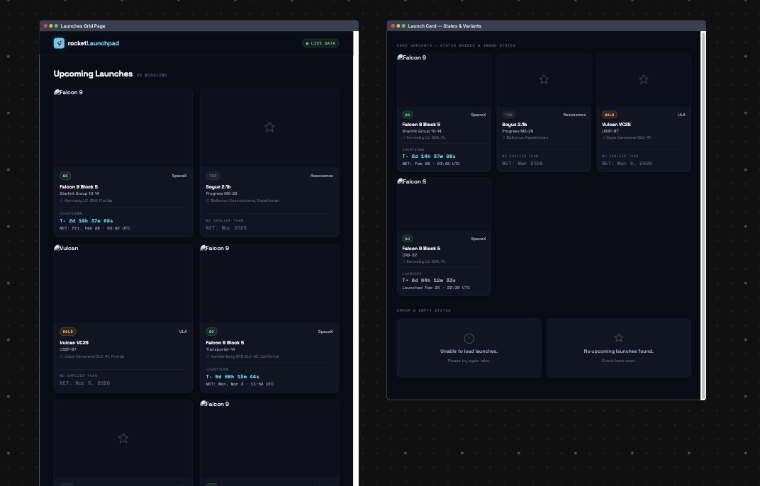 BrainGrid REQ-2 design showing launch cards and page states