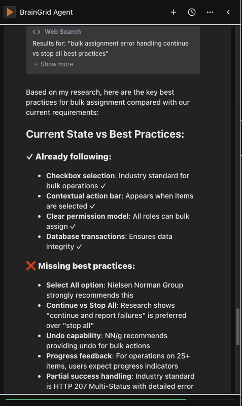 The BrainGrid agent using search result to suggest improvements