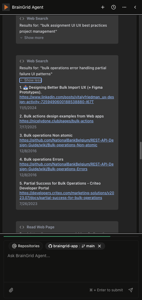 The BrainGrid agent's web search card exposing search results