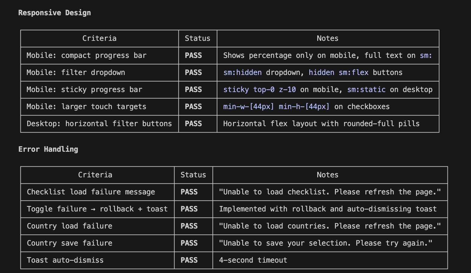 Acceptance criteria report
